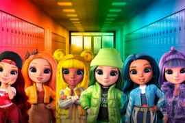 Rainbow High Runway Rush videogame key art with Ruby, Poppy, Sunny, Jade, Skyler and Violet