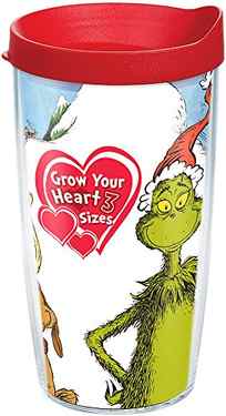 Tervis 1184681 Dr. Seuss - Grinch Grow Your Heart Tumbler with Wrap and Red Lid 16oz, Clear