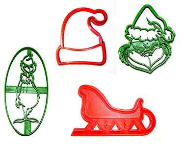 GRINCH CHRISTMAS CARTOON MOVIE BOOK DR SEUSS SLEIGH SANTA HAT SET OF 4 SPECIAL OCCASION COOKIE CUTTERS BAKING TOOL 3D PRINTED MADE IN USA PR1070