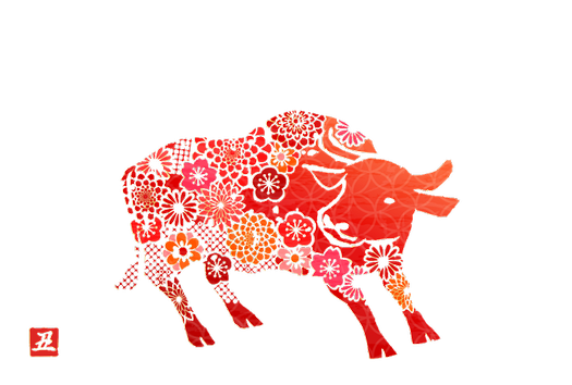 A vector image of a cow with red, orange, and pink floral patterns.