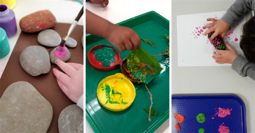 Three photos of children painting with objects found in nature: rocks, leaves, pine cones.