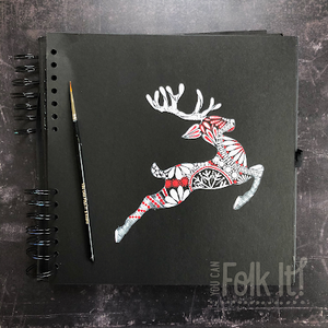 Painted reindeer created using Folk Art brushstrokes in a red and white festive palette. 