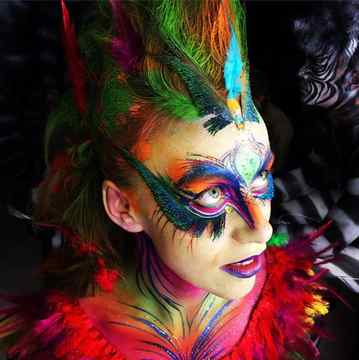 Colourful tropical bird character body paint