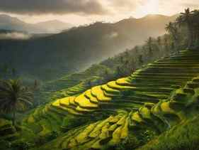 Tropical Paradise: A Vibrant Oil Painting of Rice Terraces thumb