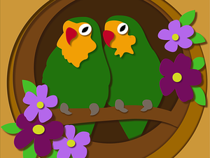 Lovebirds with purple flowers in paper cut style brown flowers green green parrot illustration lovebirds paper cut papercut parrot parrots purple flowers tropical birds vector