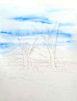 Adding watercolour pencil pigment for the blue of the sky
