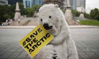 A Greenpeace activist dressed as a polar bear in Mexico City, on 21 June 2012. Holding a sign saying Save the Arctic.