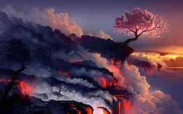 Landscapes cherry blossoms trees sea lava smoke rocks artwork drawings . HD wallpaper