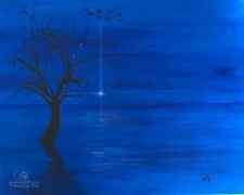 acrylic painting of lake at night with a dark tree and birds
