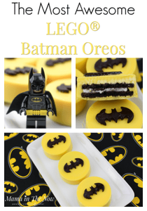 LEGO Batman oreos, the perfect snack at a Batman or LEGO birthday party. Delicious oreos and Batman decorations. Motherhood win.