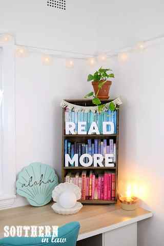 Handmade Pallet Wood Bookshelf DIY with Colour Coordinated Books and Mermaid Decor Accessories 