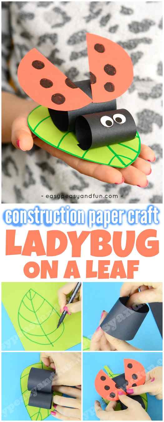 Construction Paper Ladybug on a Leaf Spring Craft for Kids #springcrafts #ladybugcrafts #craftsforkids