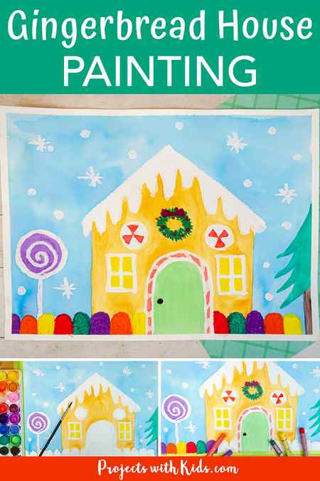 Gingerbread house painting idea for kids using watercolors and oil pastels.