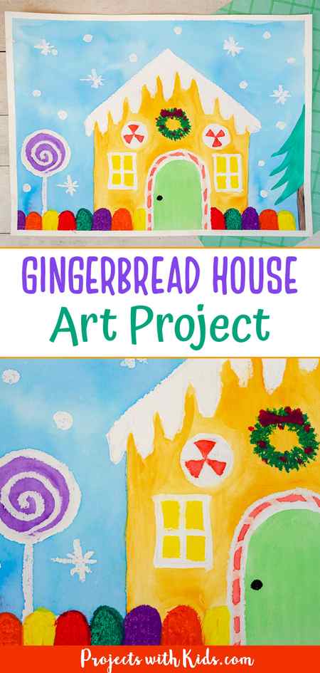 Gingerbread house art project for kids with watercolor resist