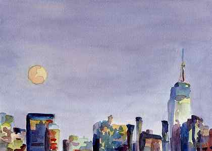 Wall Art - Painting - Full Moon and Empire State Building Watercolor Painting of NYC by Beverly Brown