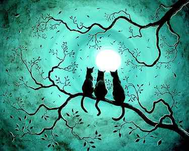 Wall Art - Painting - Three Black Cats Under a Full Moon by Laura Iverson