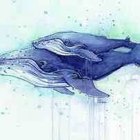 Humpback Whale Mom and Baby Watercolor by Olga Shvartsur