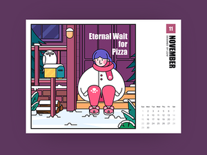 Bird Series-Eternal Wait For Pizza bird calendar design girl house illustration mailbox november owl photoshop pine porch slipper snow snow owl waiting winter wood
