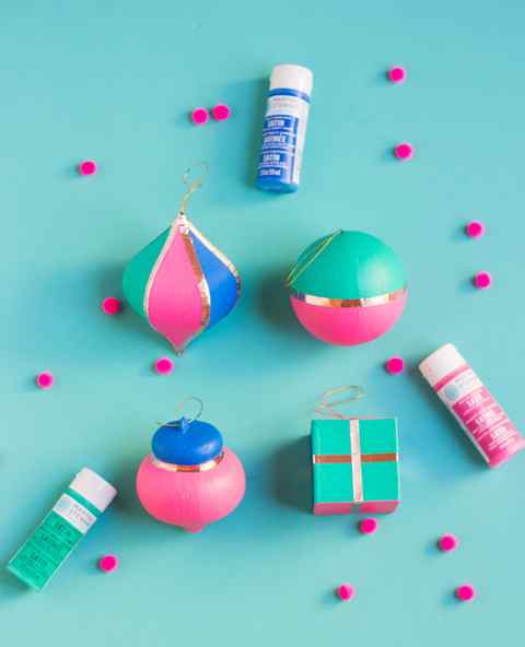 DIY painted paper mache Christmas ornaments with copper trim