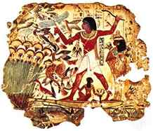 A detail from a wall painting from a tomb in Thebes, Egypt, dates from about 1450 bc. It is located…