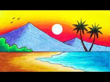 How to Draw Beautiful Sunset in the Beach Easy Sunset Scenery Drawing