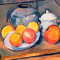 Straw Covered Vase Sugar Bowl and Apples by Paul Cezanne
