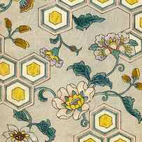 Vintage Japanese illustration of blossoms on a honeycomb background by Japanese School