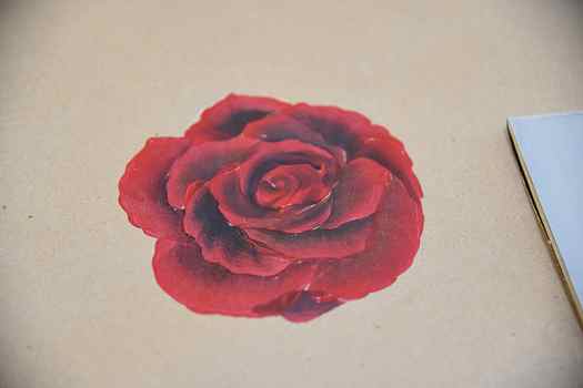 A red rose painting in acrylics on brown craft paper, How to Paint a Red Rose, pamela groppe art
