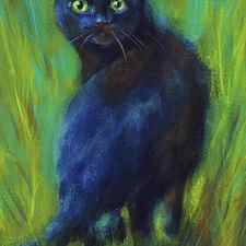 Black cat in the green grass by Karen Kaspar