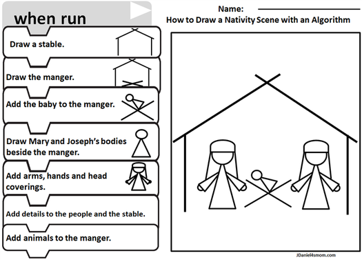 Offline Coding Academy- How to Draw a Nativity Scene with an Algorithm Worksheet - Drawing Completed