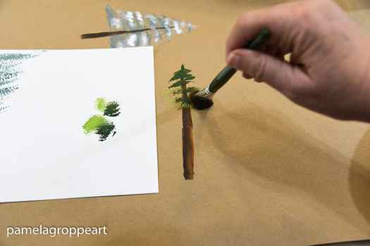 Painting an evergreen tree with a scruffy brush, pamela groppe art