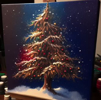 A Christmas tree provides an opportunity for beginner artists to practice painting a festive scene with various elements, such as lights, ornaments, and branches. Think of baubles, tinsel, wrapped gifts, a fireplace etc.