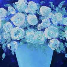 White roses in a blue vase still life by Jan Matson
