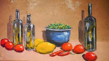 An art picture still life painting of fruits and glass bottles