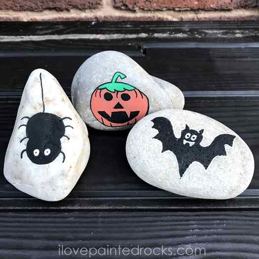 Halloween painted rocks - friendly spider, goofy bat and happy jack-o-lantern