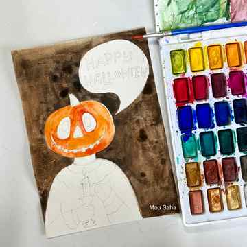 Pumpkin head painting with watercolor pan