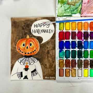 Happy Halloween pumpkin head watercolor painting