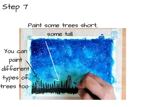 step 7 on how to paint watercolor starry night time lanscape step by step.