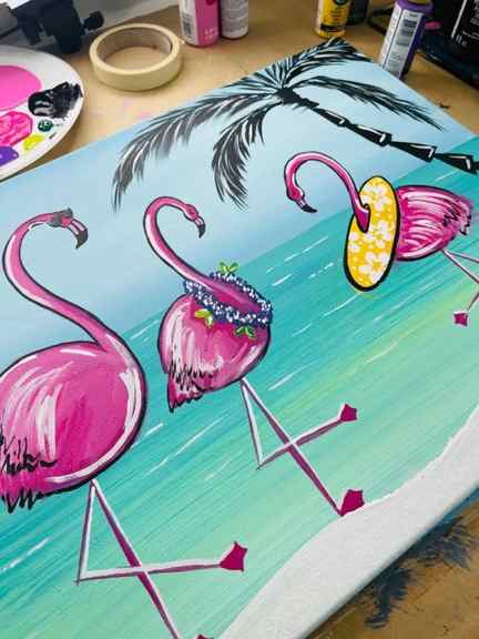 acrylic painting of flamingos on the beach