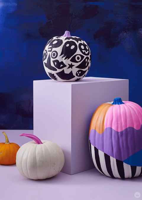 Pumpkins decorated with graphic designs in black, white, pink, and purple