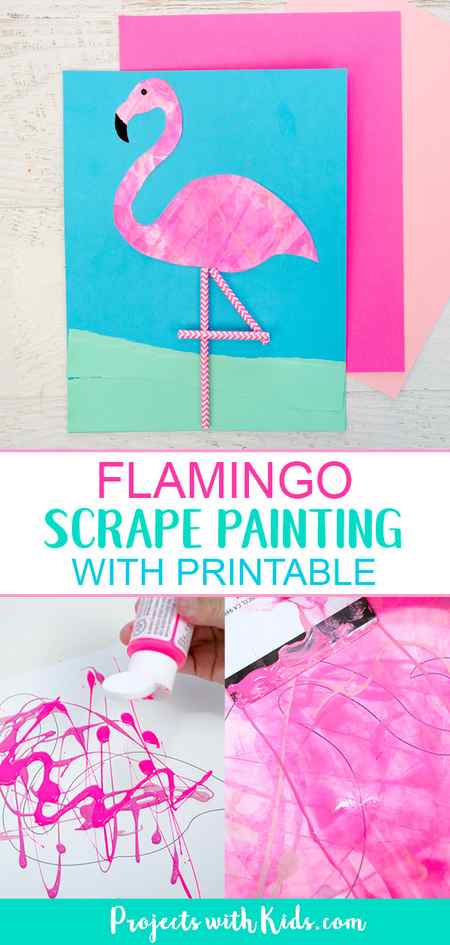 Pinterest image of flamingo art project with scrape painting.