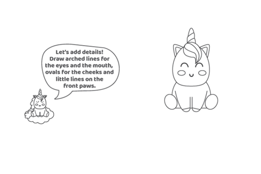 Step 7 - how to draw a unicorn easy - add unicorn details to your drawing for the eyes, mouth and cheeks and paws