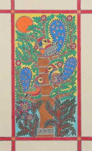 Bird and Tree-Themed Madhubani Painting from India 'Morning Glory'