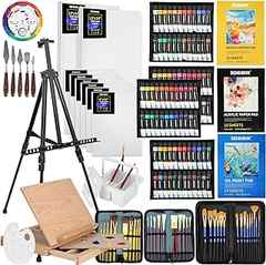 149Pcs Deluxe Artist Painting Set with Aluminum and Solid Beech Wood Easel, 96 Paints, Stretched Canvas and Accessories, A. 