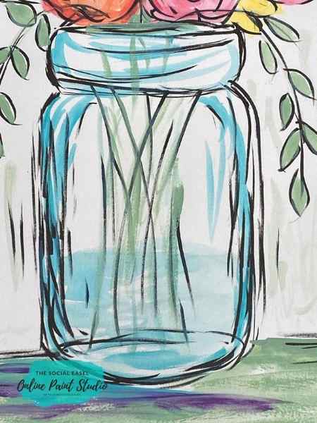 Close Up Mason Jar with Spring Flowers The Social Easel Online Paint Studio