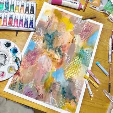 Abstract painting on paper with assorted art supplies