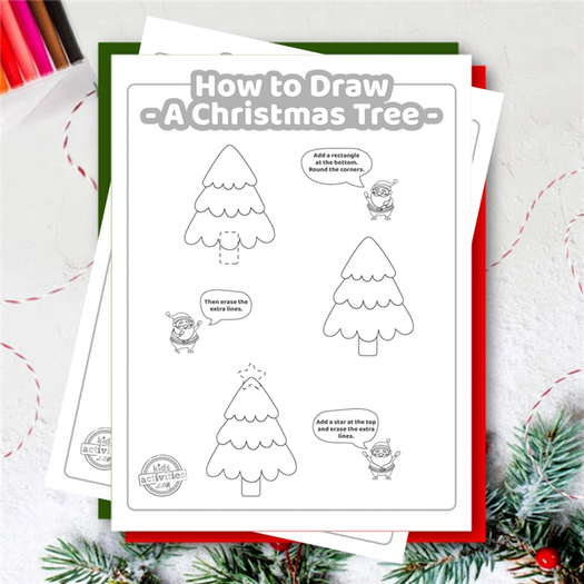 How to draw a Christmas tree printable tutorial pdf showing easy Christmas tree drawing on decorative background with Christmas items steps 1-3- kids activities blog