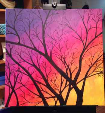 Easy steps to paint a sunset sky with a tree in acrylics