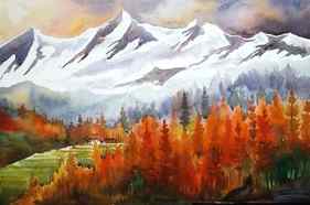 Autumn Forest & Snow Peaks - Watercolor Painting thumb