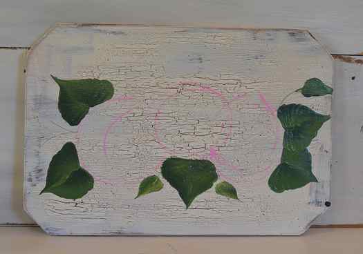 Leaves added to hydrangea painting on wood